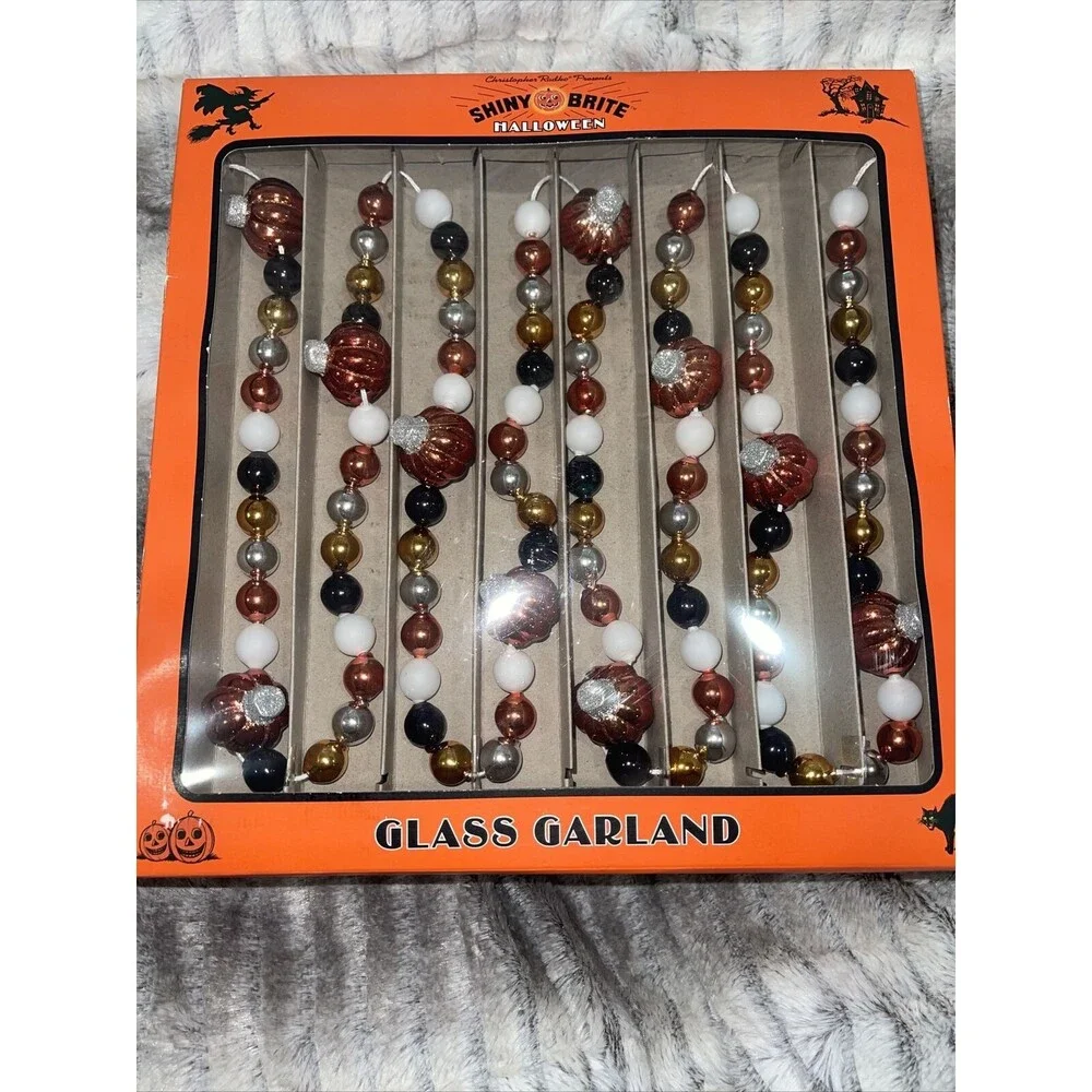 RADKO Shiny Brite GLASS GARLAND 7ft Pumpkin Halloween Black Orange Gold White